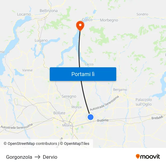 Gorgonzola to Dervio map