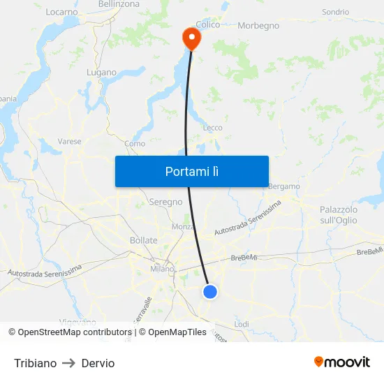 Tribiano to Dervio map