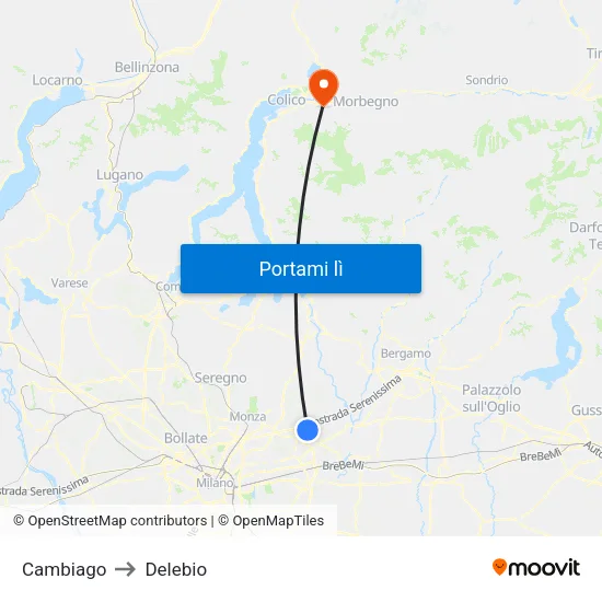 Cambiago to Delebio map