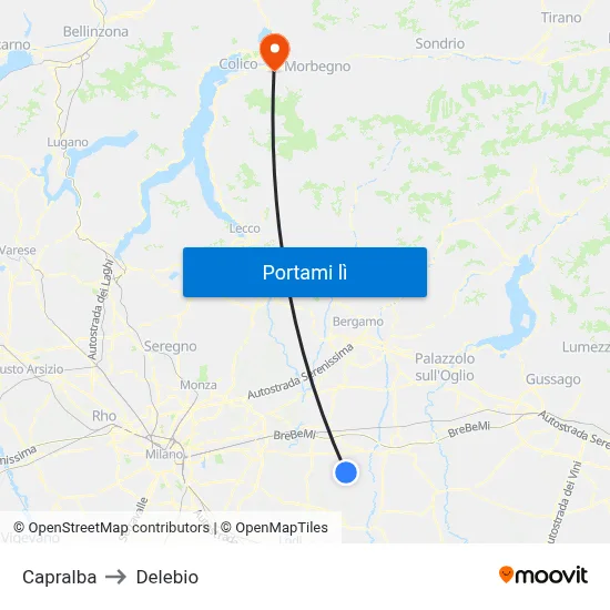 Capralba to Delebio map