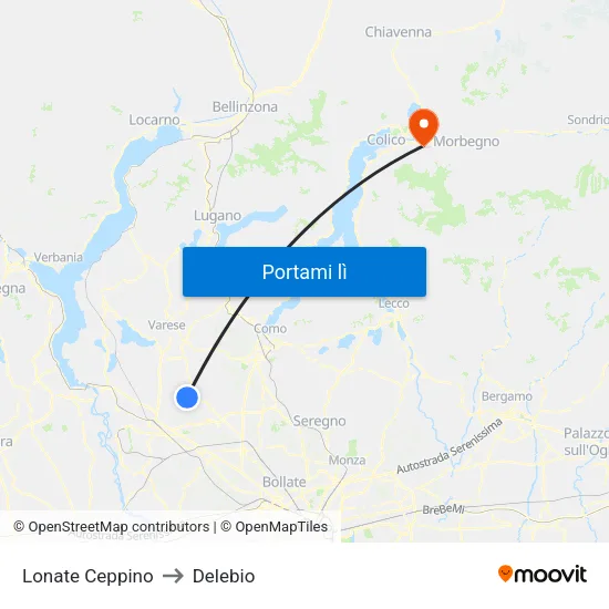 Lonate Ceppino to Delebio map