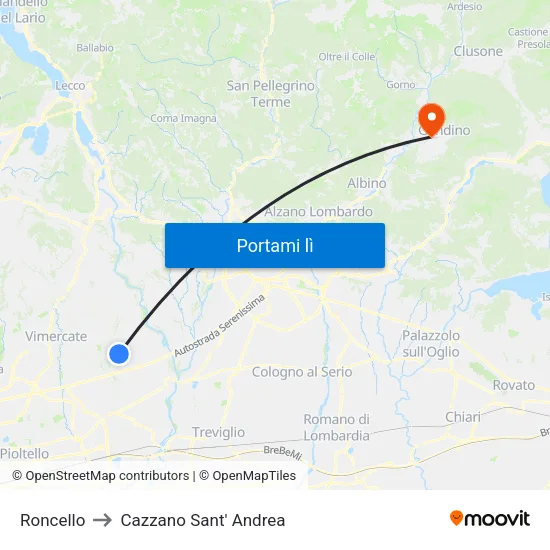 Roncello to Cazzano Sant' Andrea map