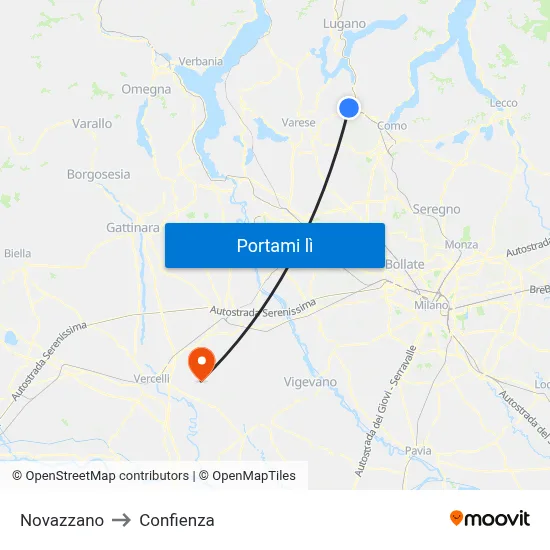 Novazzano to Confienza map