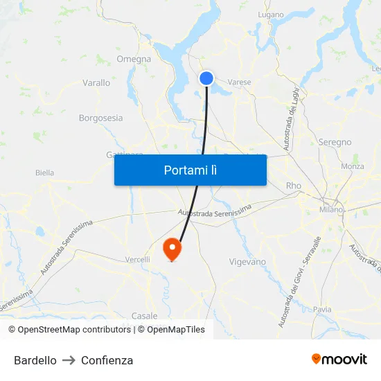 Bardello to Confienza map