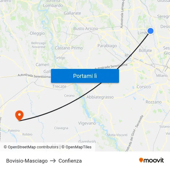 Bovisio-Masciago to Confienza map