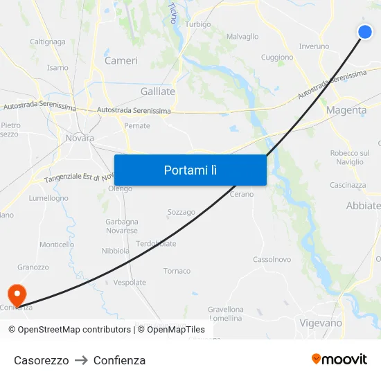 Casorezzo to Confienza map