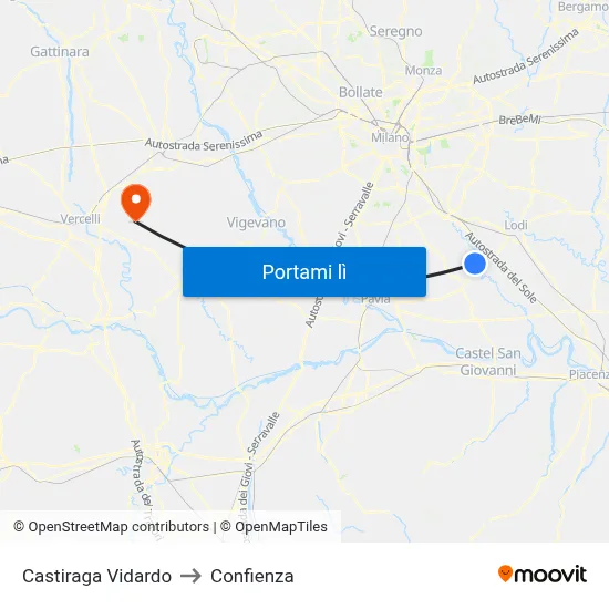Castiraga Vidardo to Confienza map