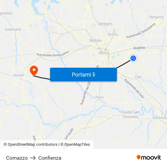 Comazzo to Confienza map