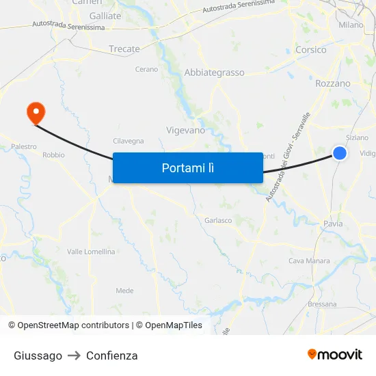 Giussago to Confienza map