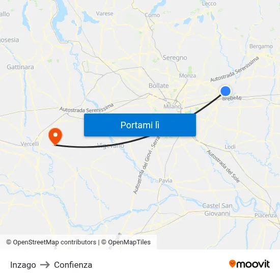 Inzago to Confienza map
