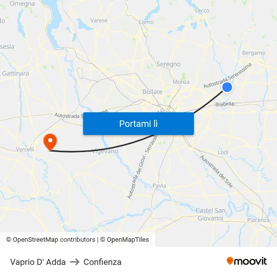 Vaprio D' Adda to Confienza map