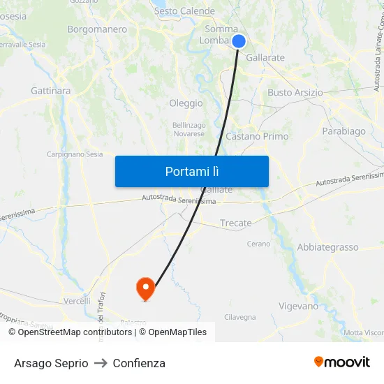 Arsago Seprio to Confienza map