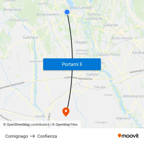 Comignago to Confienza map