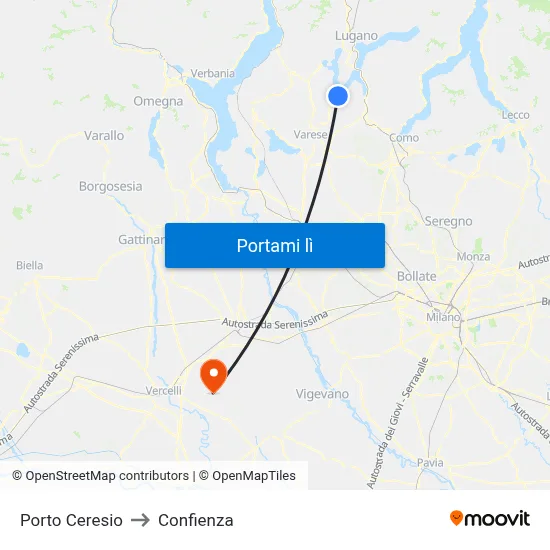 Porto Ceresio to Confienza map