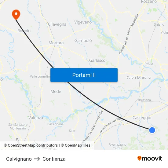 Calvignano to Confienza map