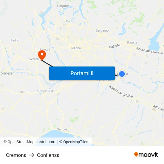 Cremona to Confienza map