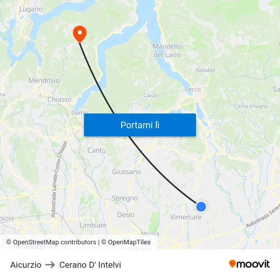 Aicurzio to Cerano D' Intelvi map