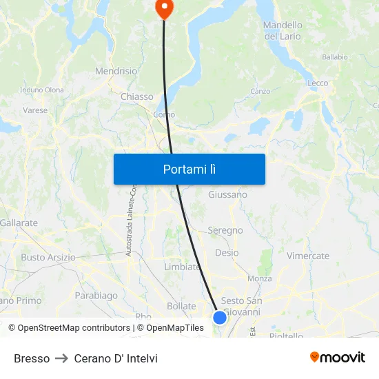 Bresso to Cerano D' Intelvi map