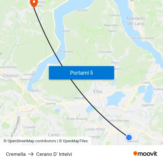 Cremella to Cerano D' Intelvi map