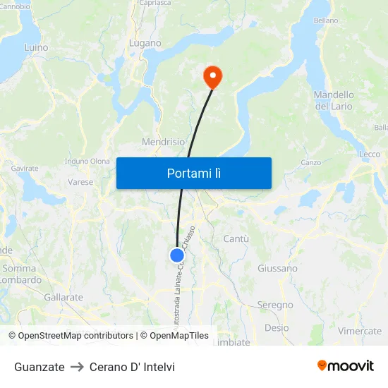 Guanzate to Cerano D' Intelvi map
