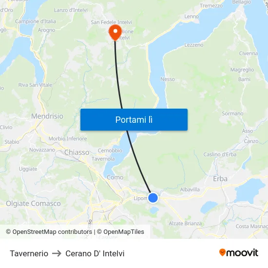 Tavernerio to Cerano D' Intelvi map