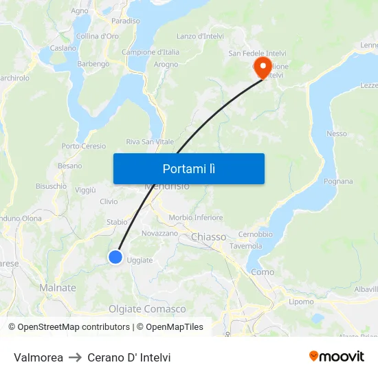 Valmorea to Cerano D' Intelvi map
