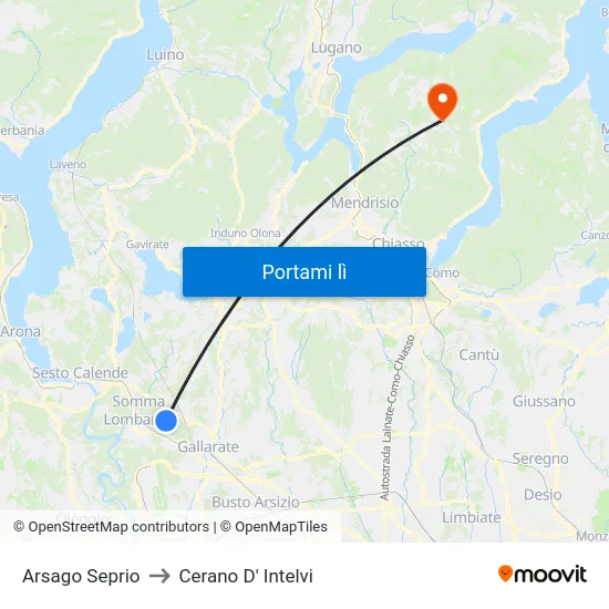 Arsago Seprio to Cerano D' Intelvi map