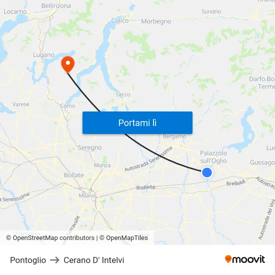 Pontoglio to Cerano D' Intelvi map