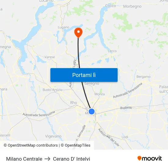 Milano Centrale to Cerano D' Intelvi map