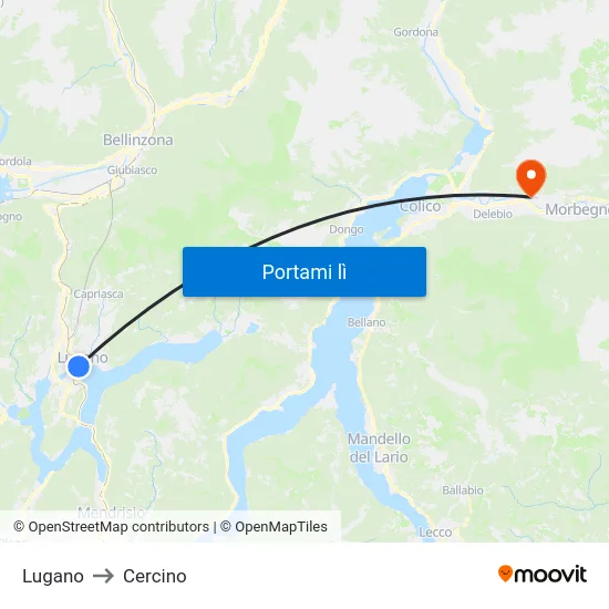 Lugano to Cercino map