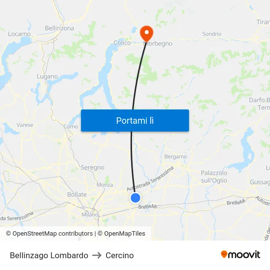 Bellinzago Lombardo to Cercino map