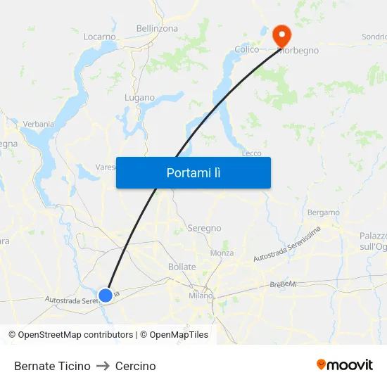 Bernate Ticino to Cercino map