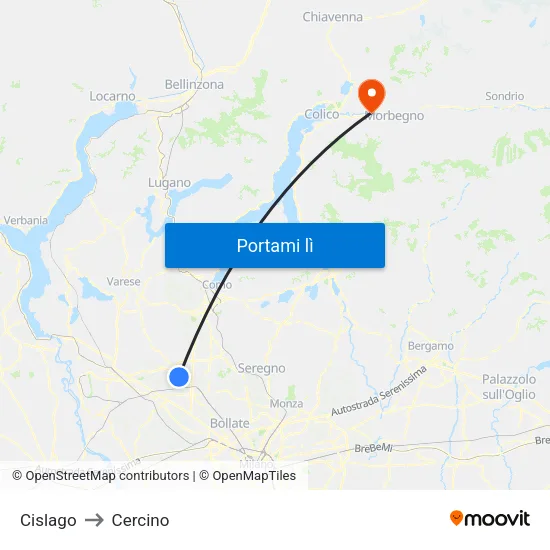 Cislago to Cercino map