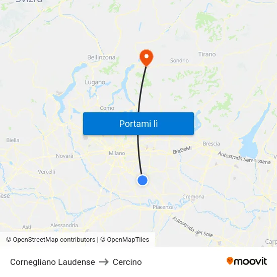 Cornegliano Laudense to Cercino map