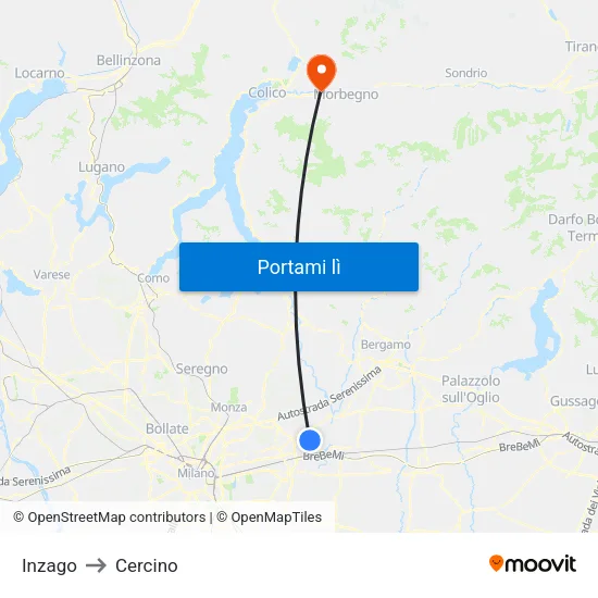 Inzago to Cercino map