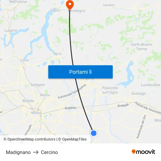 Madignano to Cercino map