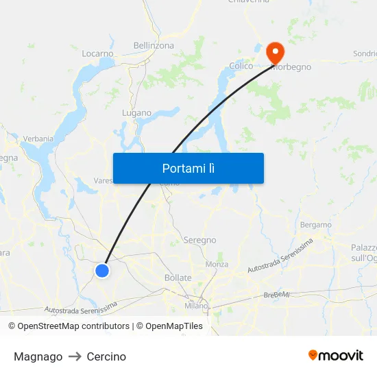 Magnago to Cercino map