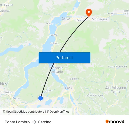 Ponte Lambro to Cercino map