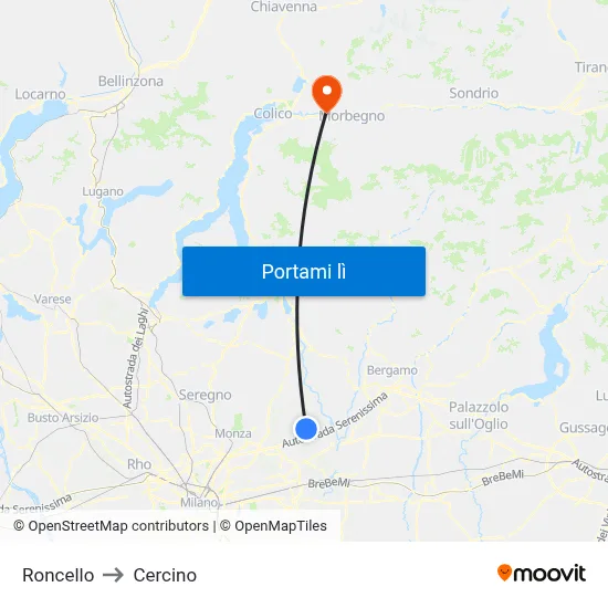 Roncello to Cercino map