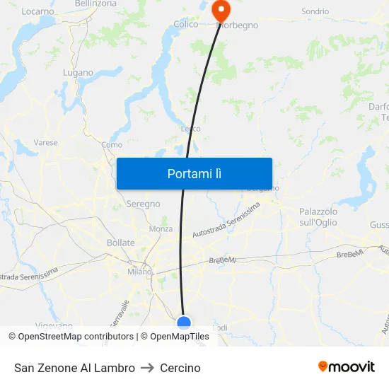 San Zenone Al Lambro to Cercino map