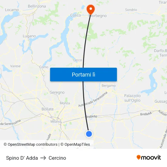 Spino D' Adda to Cercino map