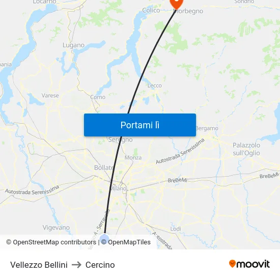 Vellezzo Bellini to Cercino map