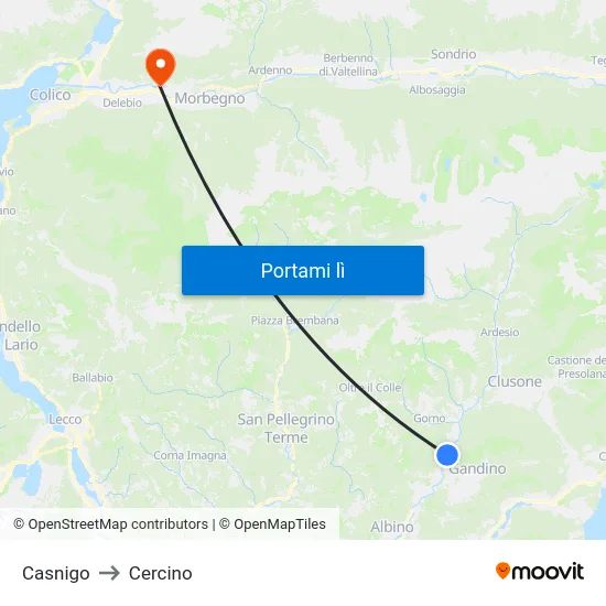 Casnigo to Cercino map