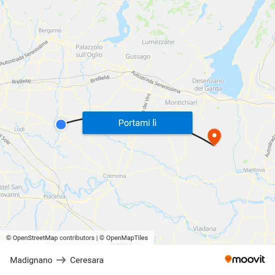 Madignano to Ceresara map