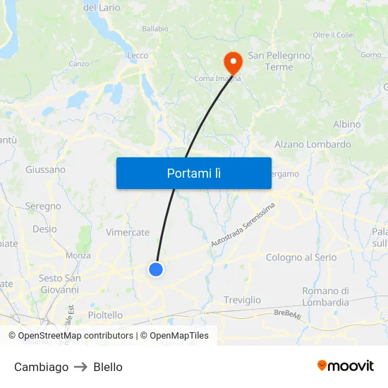Cambiago to Blello map