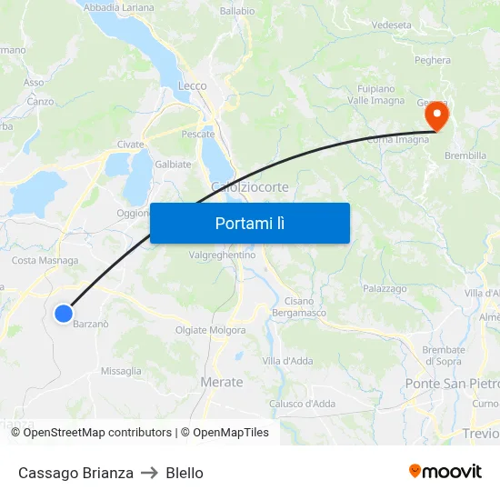 Cassago Brianza to Blello map
