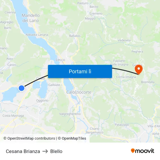 Cesana Brianza to Blello map