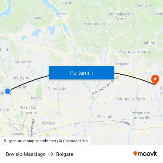 Bovisio-Masciago to Bolgare map