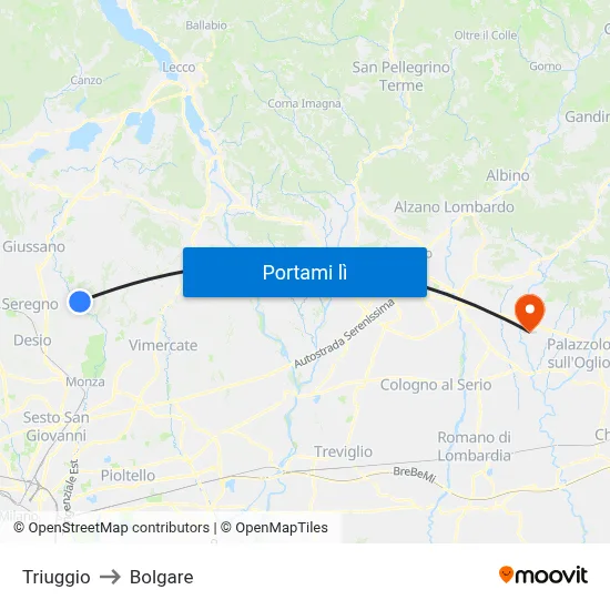 Triuggio to Bolgare map