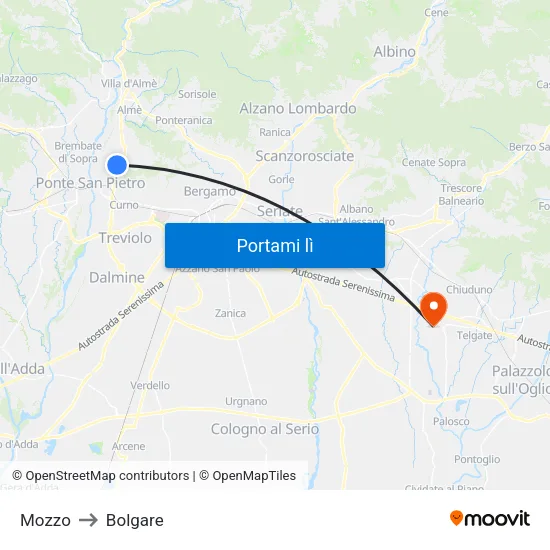 Mozzo to Bolgare map